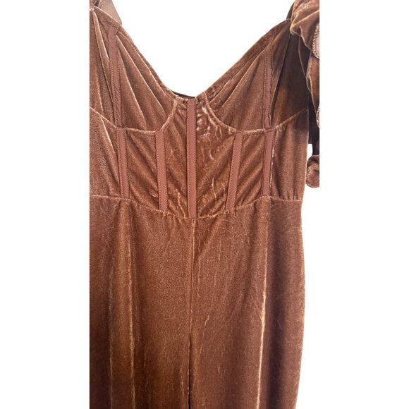 PrettyLittleThing Size 0 Brown Velvet Jumpsuit Ruffle Sleeves Lace-Up Detail NWT - Picture 6 of 16